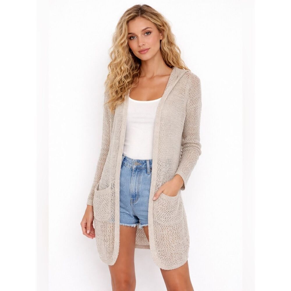 Cynthia Rowley Sheer Hooded Dusted Cardigan Boho Coastal Chic Medium